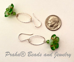 Czech Glass Light Green Flower Drop Earrings in Sterling Silver