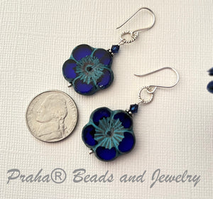 Large Round Indigo Blue Flower Czech Glass Bohemian Drop Earrings in Sterling Silver