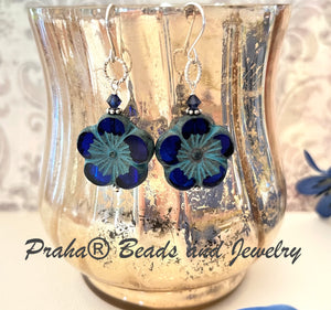 Large Round Indigo Blue Flower Czech Glass Bohemian Drop Earrings in Sterling Silver