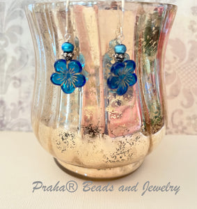 Czech Blue Glass Flower Earrings in Sterling Silver