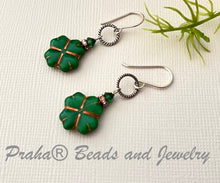Load image into Gallery viewer, Czech Glass Green Clover Earrings in Sterling Silver
