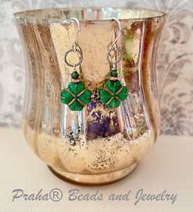 Czech Glass Green Clover Earrings in Sterling Silver