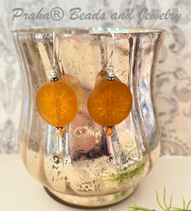 Huge Round Orange Sun Czech Glass Bohemian Drop Earrings in Sterling Silver