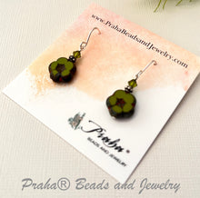 Load image into Gallery viewer, Czech Glass Small Green Flower Earrings in Sterling Silver
