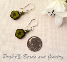 Load image into Gallery viewer, Czech Glass Small Green Flower Earrings in Sterling Silver

