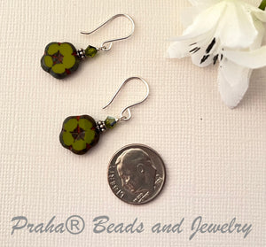 Czech Glass Small Green Flower Earrings in Sterling Silver