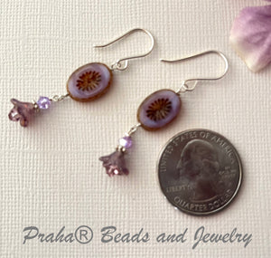 Czech Glass Lavender Flower Drop Earrings in Sterling Silver