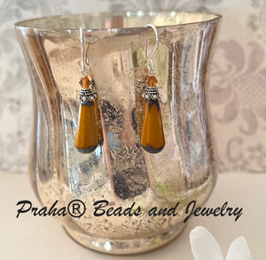 Czech Glass Orange Faceted Dangle Drop Earrings in Sterling Silver