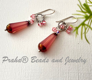 Czech Glass Pink Faceted Dangle Drop Earrings in Sterling Silver