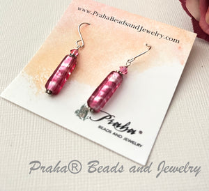 Murano Long Silver Foil and Pink Glass Earrings in Sterling Silver
