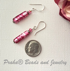 Murano Long Silver Foil and Pink Glass Earrings in Sterling Silver
