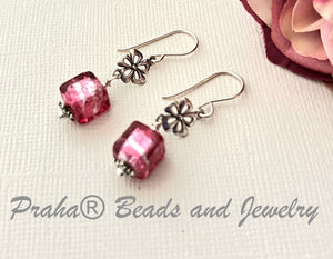 Pink Murano Glass Cube Earrings in Sterling Silver SPECIAL PRICE