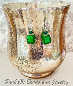 Murano Glass Cube Green Earrings in Sterling Silver