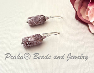 Murano Millefiori Mauve and White Glass Tube Earrings in Sterling Silver