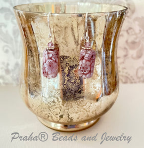 Murano Millefiori Mauve and White Glass Tube Earrings in Sterling Silver