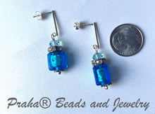 Load image into Gallery viewer, Murano Glass Bright Blue Cube Earrings in Sterling Silver
