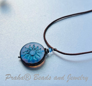 Czech Glass Light Blue Sun Bohemian Drop Necklace on Leather Cord