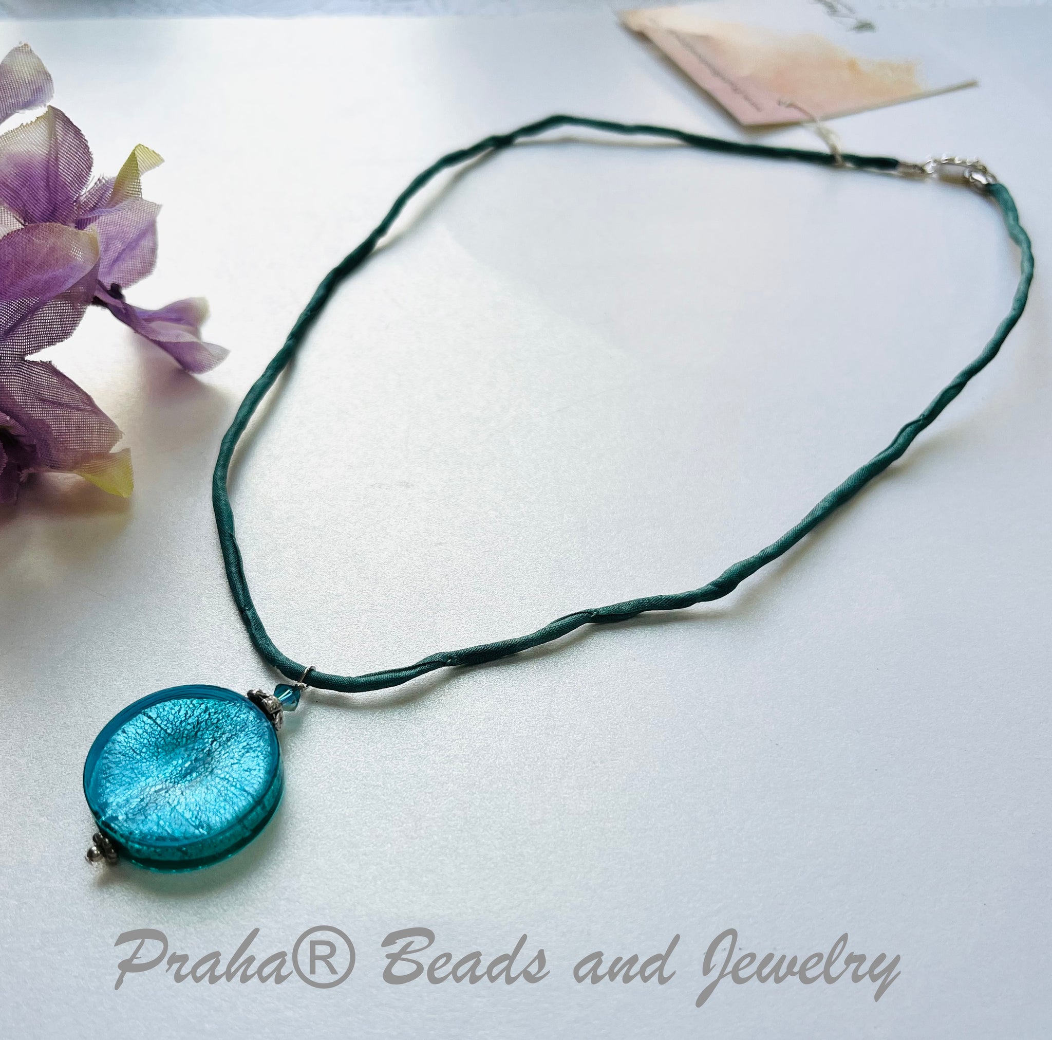 Murano Glass Teal Large Coin Shape on Silk Cord – Praha® Beads and Jewelry