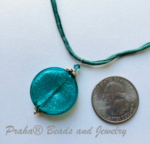 Murano Glass Teal Large Coin Shape on Silk Cord