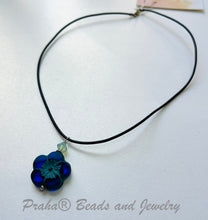 Load image into Gallery viewer, Czech Glass Dark Blue Flower Necklace on Leather Cord
