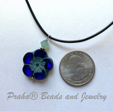 Load image into Gallery viewer, Czech Glass Dark Blue Flower Necklace on Leather Cord
