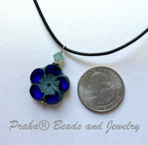 Czech Glass Dark Blue Flower Necklace on Leather Cord