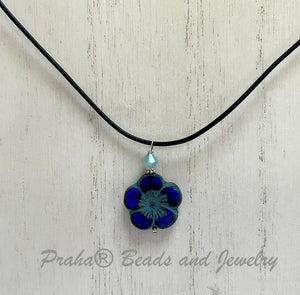 Czech Glass Dark Blue Flower Necklace on Leather Cord