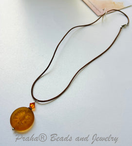 Czech Glass Orange Sun Bohemian Drop Necklace on Leather Cord