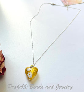 Murano Glass Gold "Puffy" Heart with Millefiori Flowers in Sterling Silver