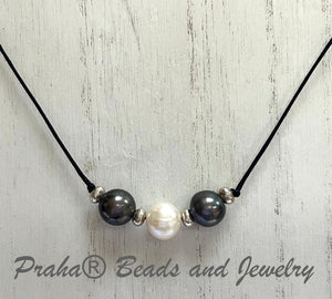 Gray and White Freshwater Pearl Necklace on Black Cotton Cord