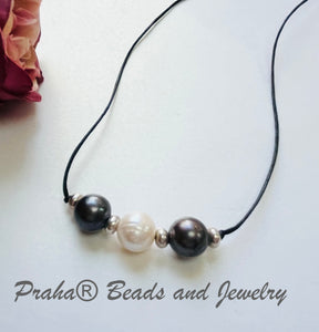 Gray and White Freshwater Pearl Necklace on Black Cotton Cord