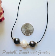 Load image into Gallery viewer, Gray and White Freshwater Pearl Necklace on Black Cotton Cord
