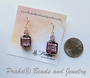 Murano Glass Lavender Square Earrings in Sterling Silver