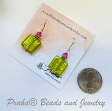 Load image into Gallery viewer, Murano Glass Light Green Square Earrings in Sterling Silver
