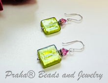 Load image into Gallery viewer, Murano Glass Light Green Square Earrings in Sterling Silver
