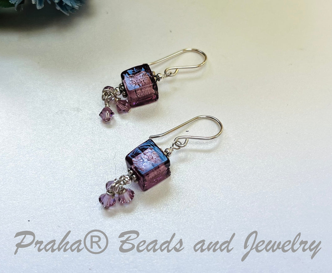 Murano Glass Cube Lavender Earrings in Sterling Silver SPECIAL PRICE!