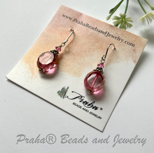 Czech Glass Pink Duel Faceted Round Drop Earrings in Sterling Silver