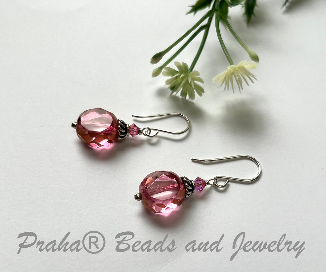 Czech Glass Pink Duel Faceted Round Drop Earrings in Sterling Silver