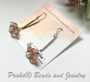Czech Glass Light Pink Flower Drop Earrings in Sterling Silver