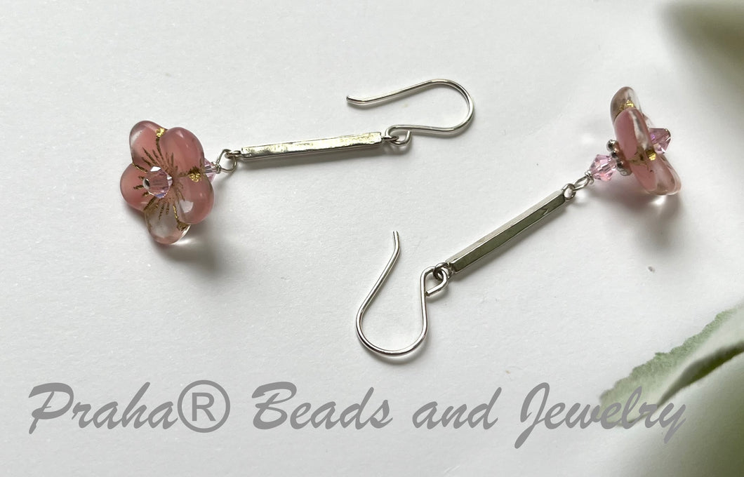 Czech Glass Light Pink Flower Drop Earrings in Sterling Silver