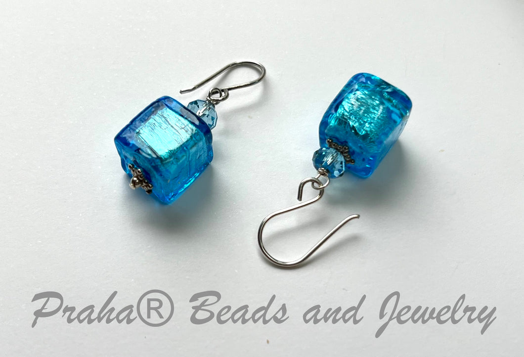 Murano Glass Bright Blue Cube Earrings in Sterling Silver