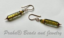 Load image into Gallery viewer, Czech Long Green Glass with Gold Foil Earrings in 14K Gold Fill

