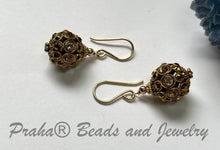 Load image into Gallery viewer, Swarovski Crystal Filigree Encrusted Brown and Gold Earrings in 14K Gold Fill
