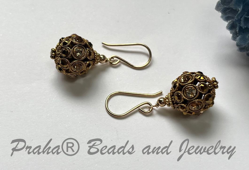 Swarovski Crystal Filigree Encrusted Brown and Gold Earrings in 14K Gold Fill