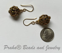 Load image into Gallery viewer, Swarovski Crystal Filigree Encrusted Brown and Gold Earrings in 14K Gold Fill
