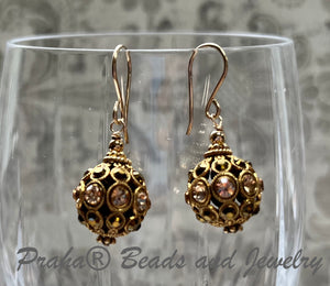 Swarovski Crystal Filigree Encrusted Brown and Gold Earrings in 14K Gold Fill