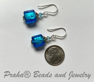 Murano Glass Bright Blue Cube Earrings in Sterling Silver