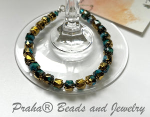 Czech Glass Sky Blue and Gold Cathedral Bracelet in Sterling Silver