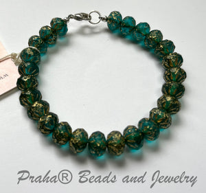 Czech Glass Teal and Gold Bracelet in Sterling Silver