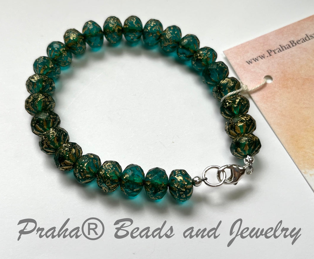 Czech Glass Teal and Gold Bracelet in Sterling Silver